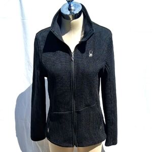 Ladies Black Spyder Jacket, Sweater, Zipper, Silver Embroidered Spider, Warm, L